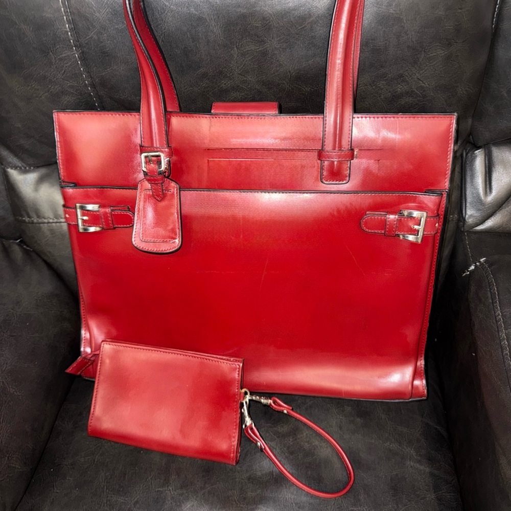 Franklin Covey Vintage Fire Red Napa Leather Briefcase Shoulder Bag + wristlet